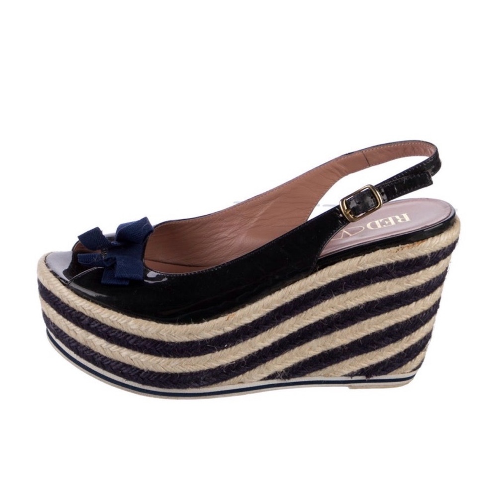 Valentino Women's Navy and Cream Striped Wedge Sandals